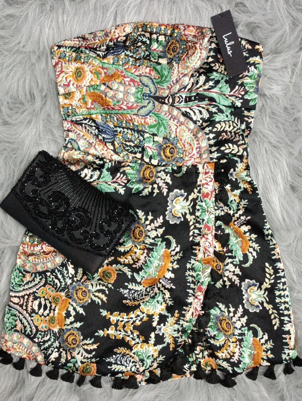 Lulus Floral Strapless Mini Dress in Black with Green & Mustard Print XS